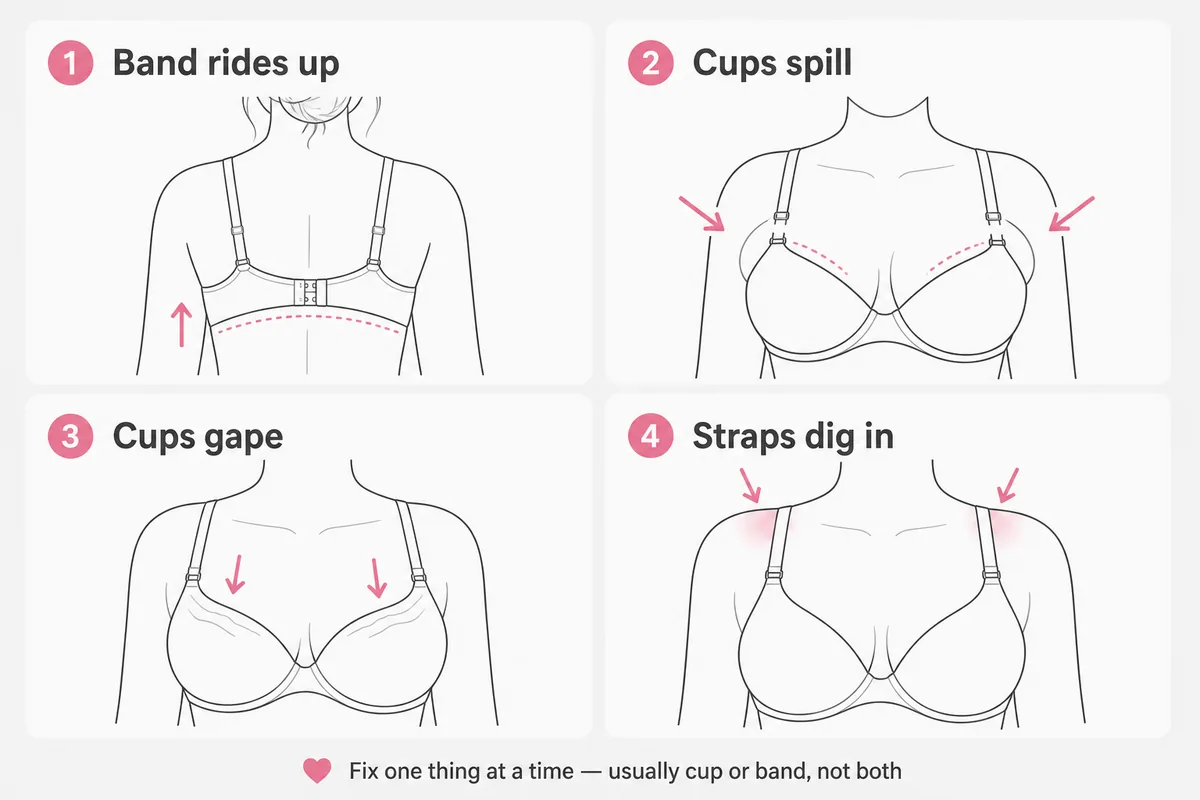 Fit problem illustrations showing when to move to a firmer or easier sister size