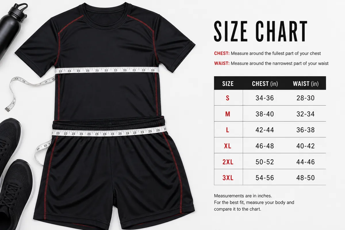 Adidas clothing size chart flat lay with athletic shorts tee and measuring tape