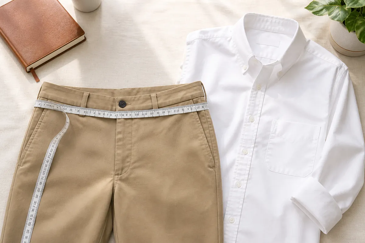 Banana Republic pants and skirts size chart flat lay with chinos and measuring tape