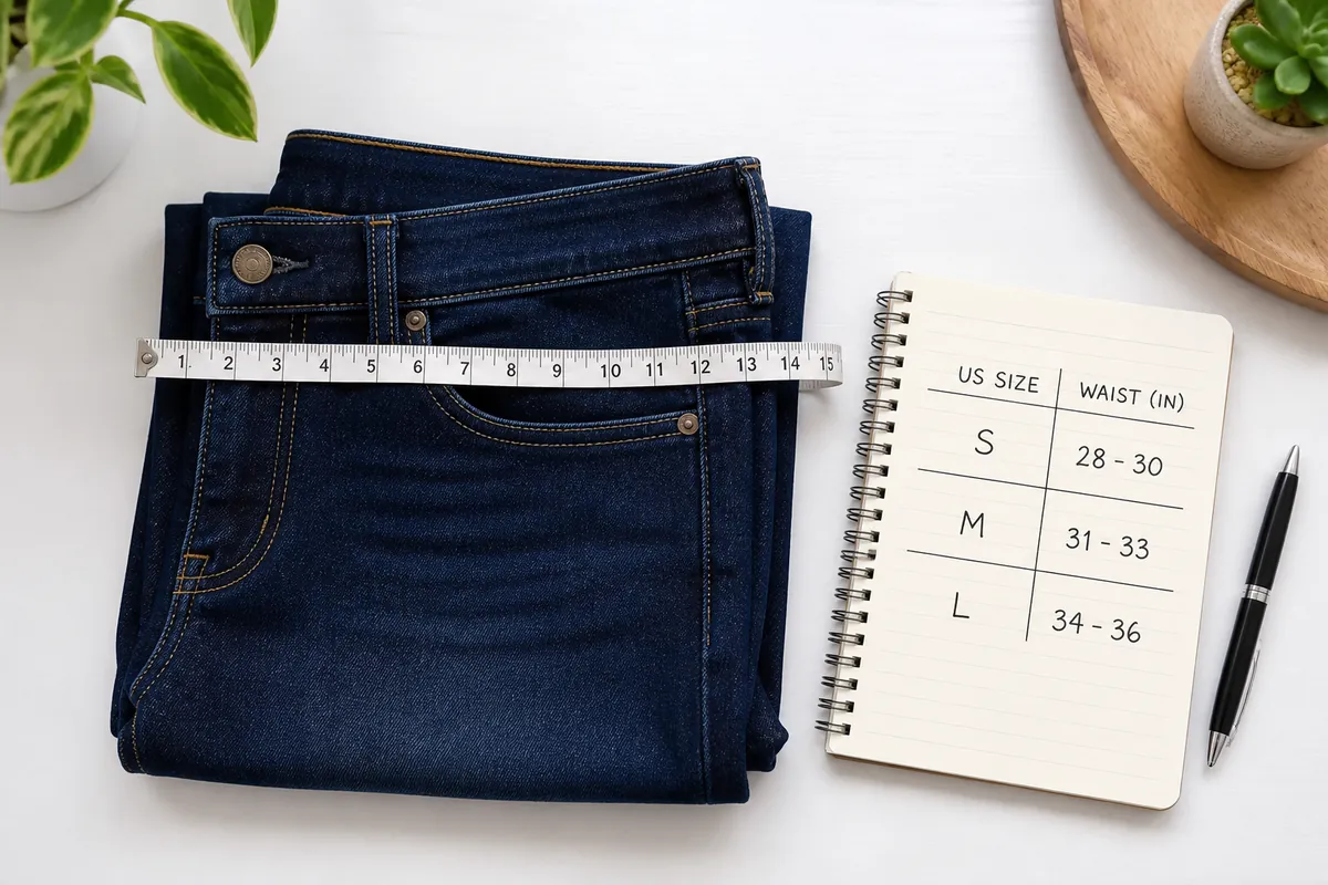 Levi's jeans size chart flat lay with measuring tape on waistband for waist and inseam