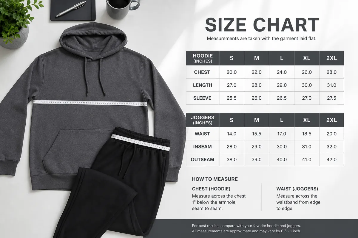 Nike clothing size chart flat lay with hoodie joggers and measuring tape for chest and waist