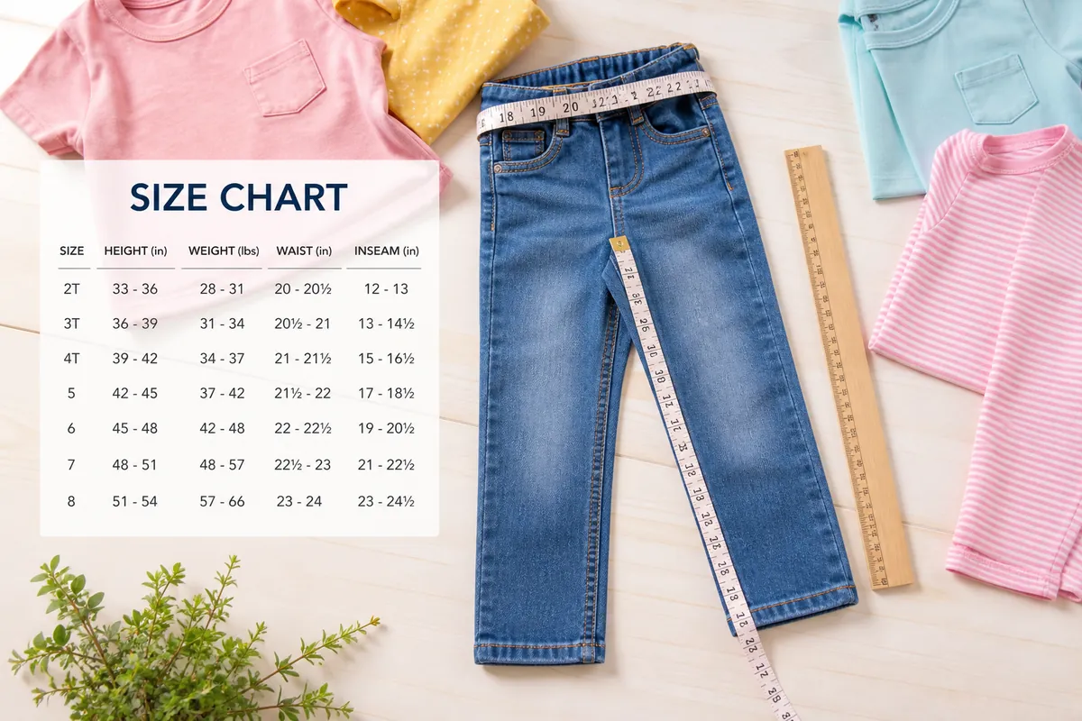 Old Navy kids and adult clothing size chart flat lay with measuring tape on waist and inseam