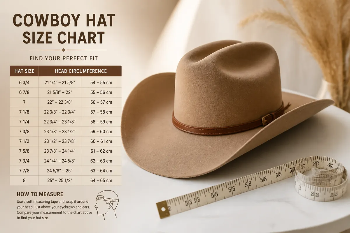 Cowboy hat size chart with western felt hat and measuring tape for head circumference