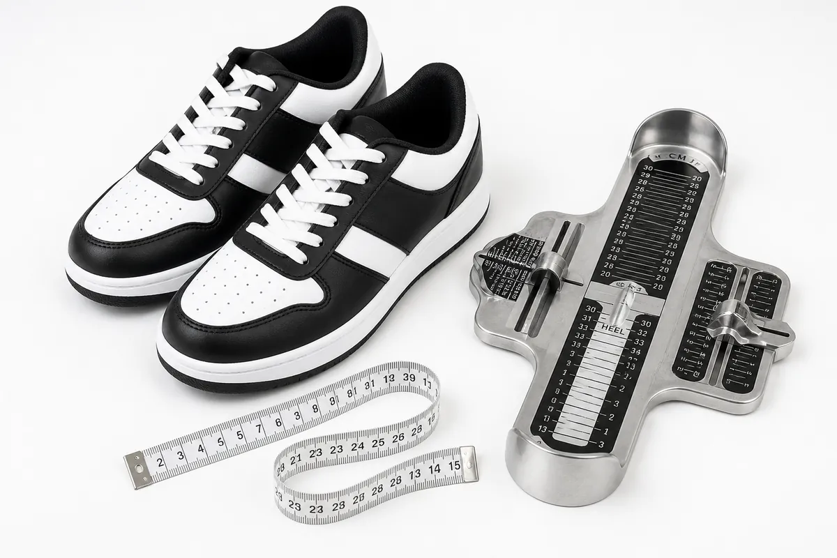 Adidas shoe size chart with sneakers and foot measuring device for US UK EU cm
