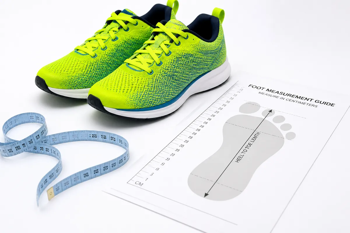 ASICS shoe size chart with running shoes and measuring tape for foot length