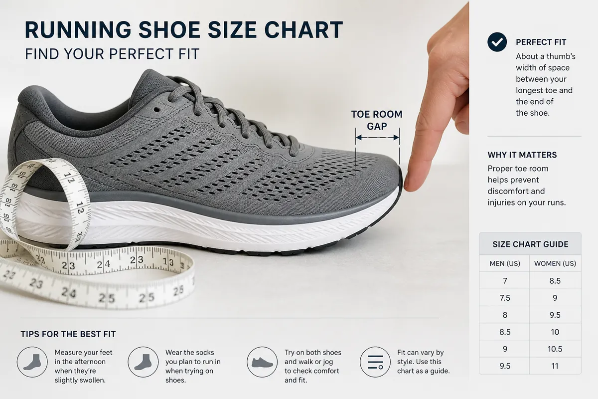 Brooks running shoe size chart with toe-room gap and measuring tape