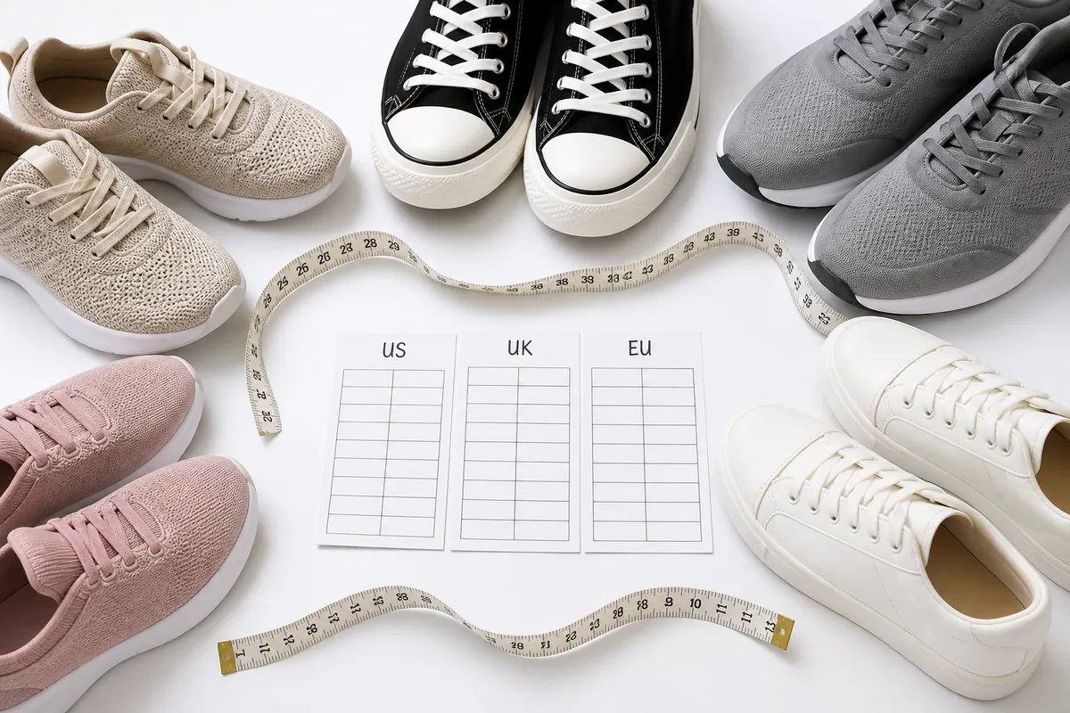 Foot length in cm next to US UK EU shoe size labels for chart lookup