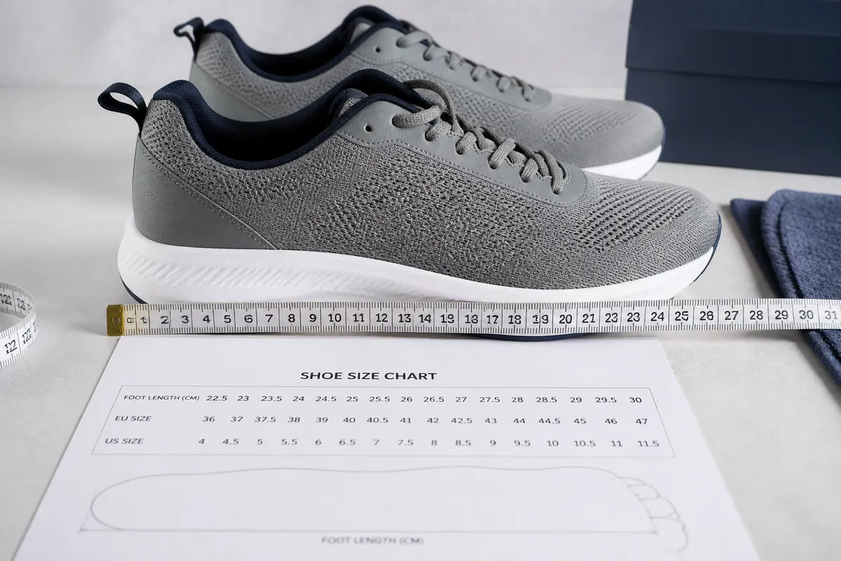 New Balance shoe size chart with trainers measuring tape and cm length marks
