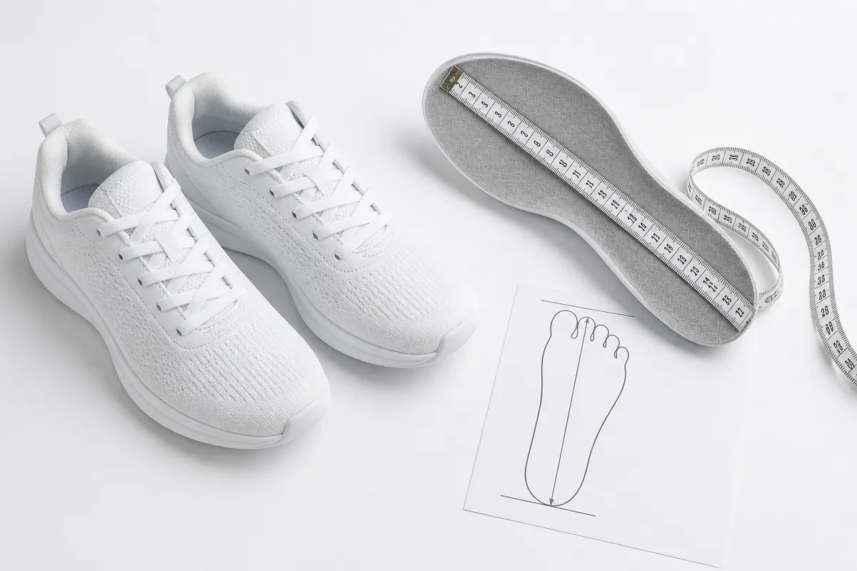 Nike shoe size chart with sneakers and measuring tape along insole length in cm