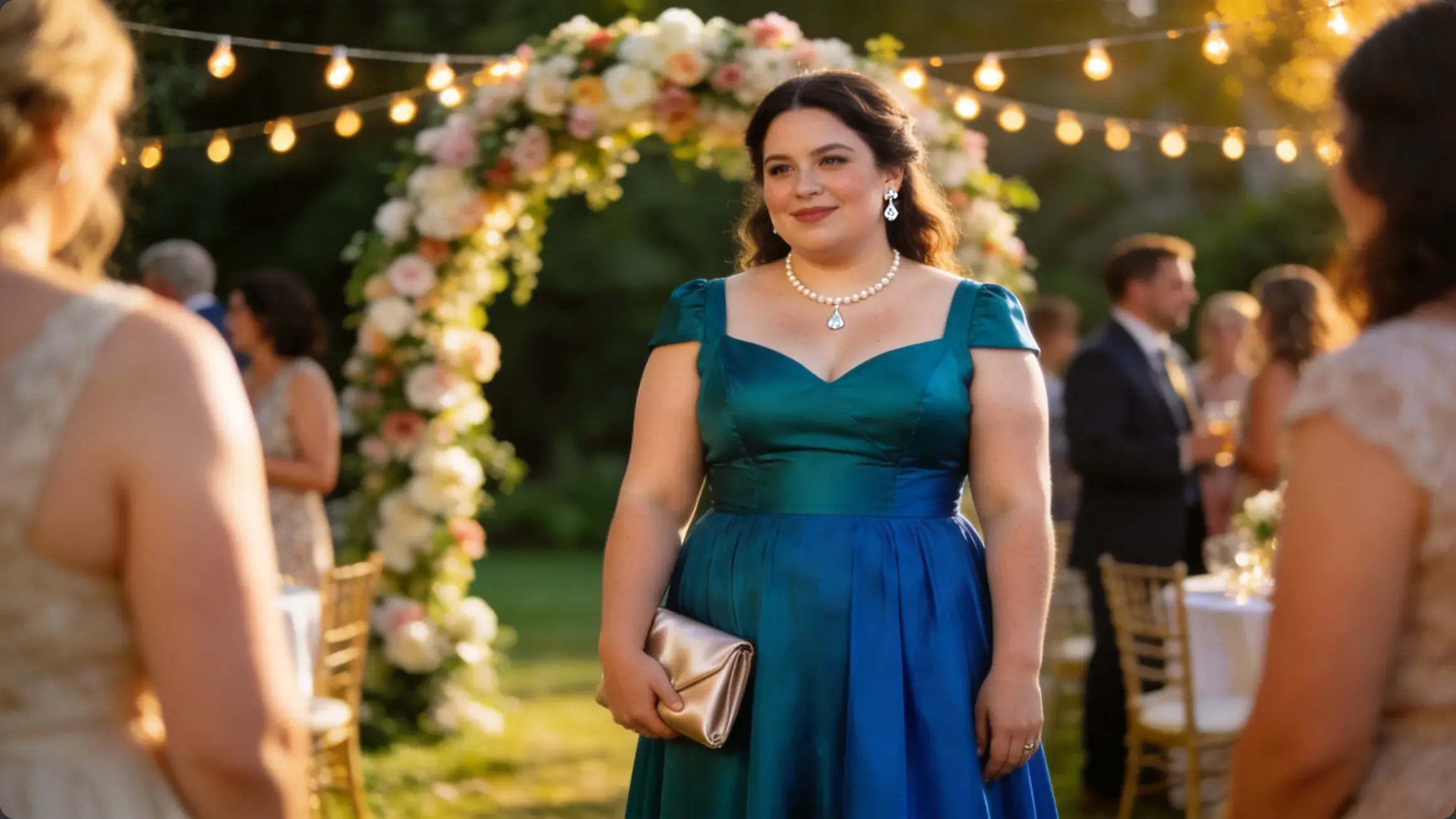 Plus size wedding guest in formal dress at wedding reception for outfit inspiration