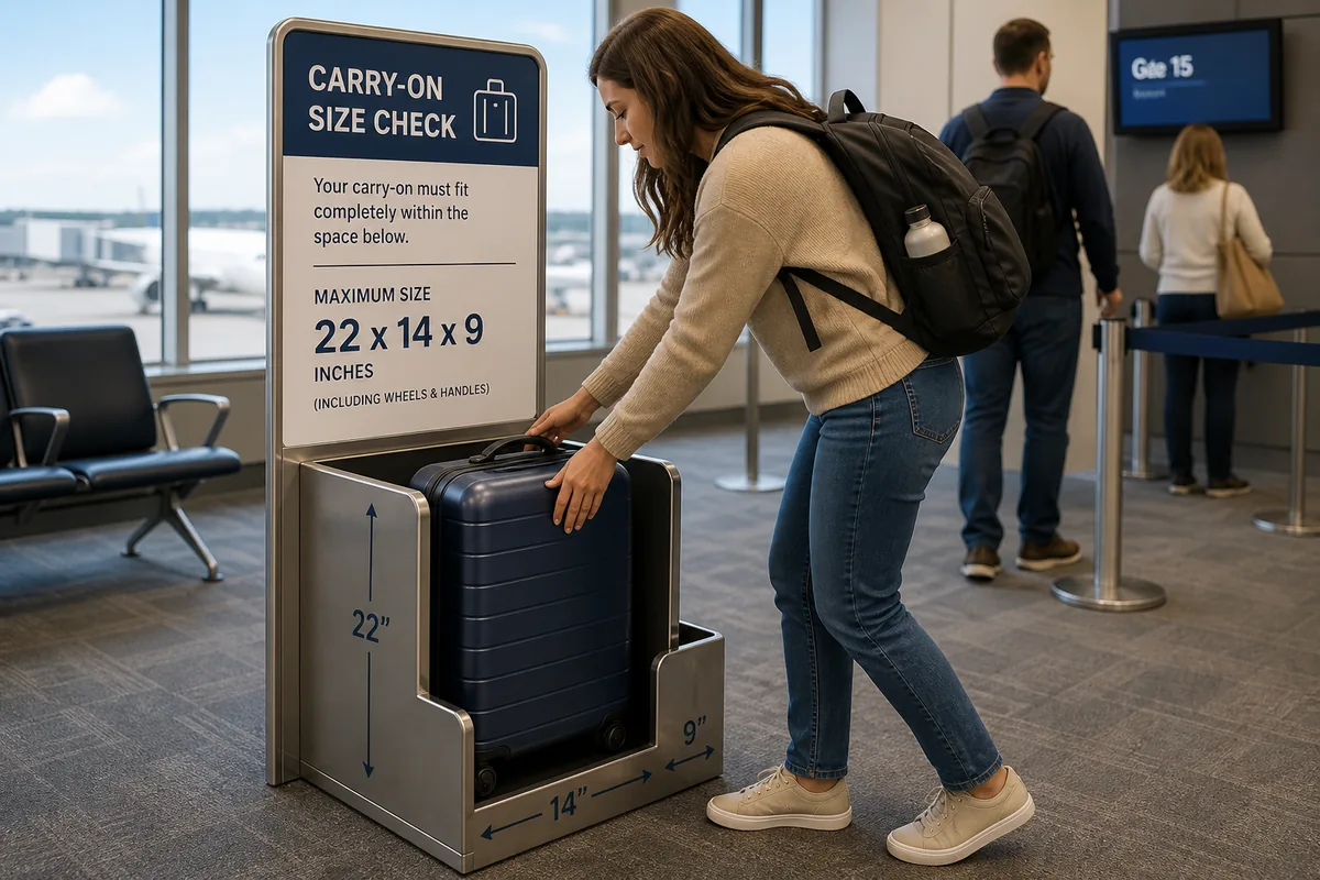 Delta Air Lines carry-on bag next to airport size checker with inch limits