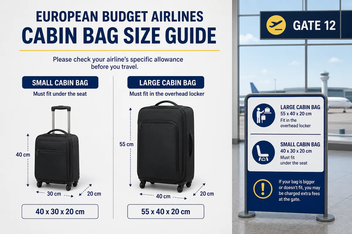 Ryanair carry-on bag next to airport size checker with inch limits