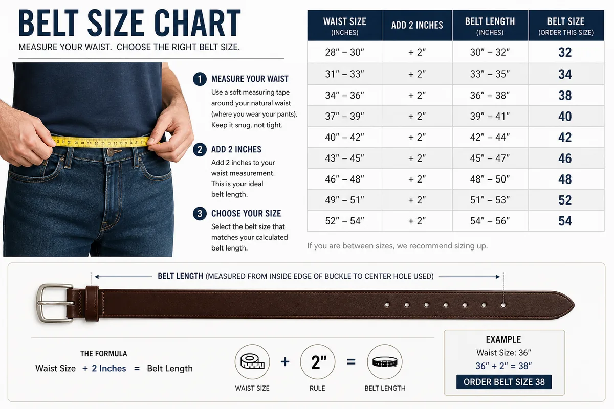 Belt size chart from jeans waist measurement in inches