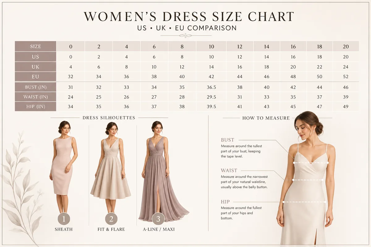 Women's dress size chart US UK EU with body measurements