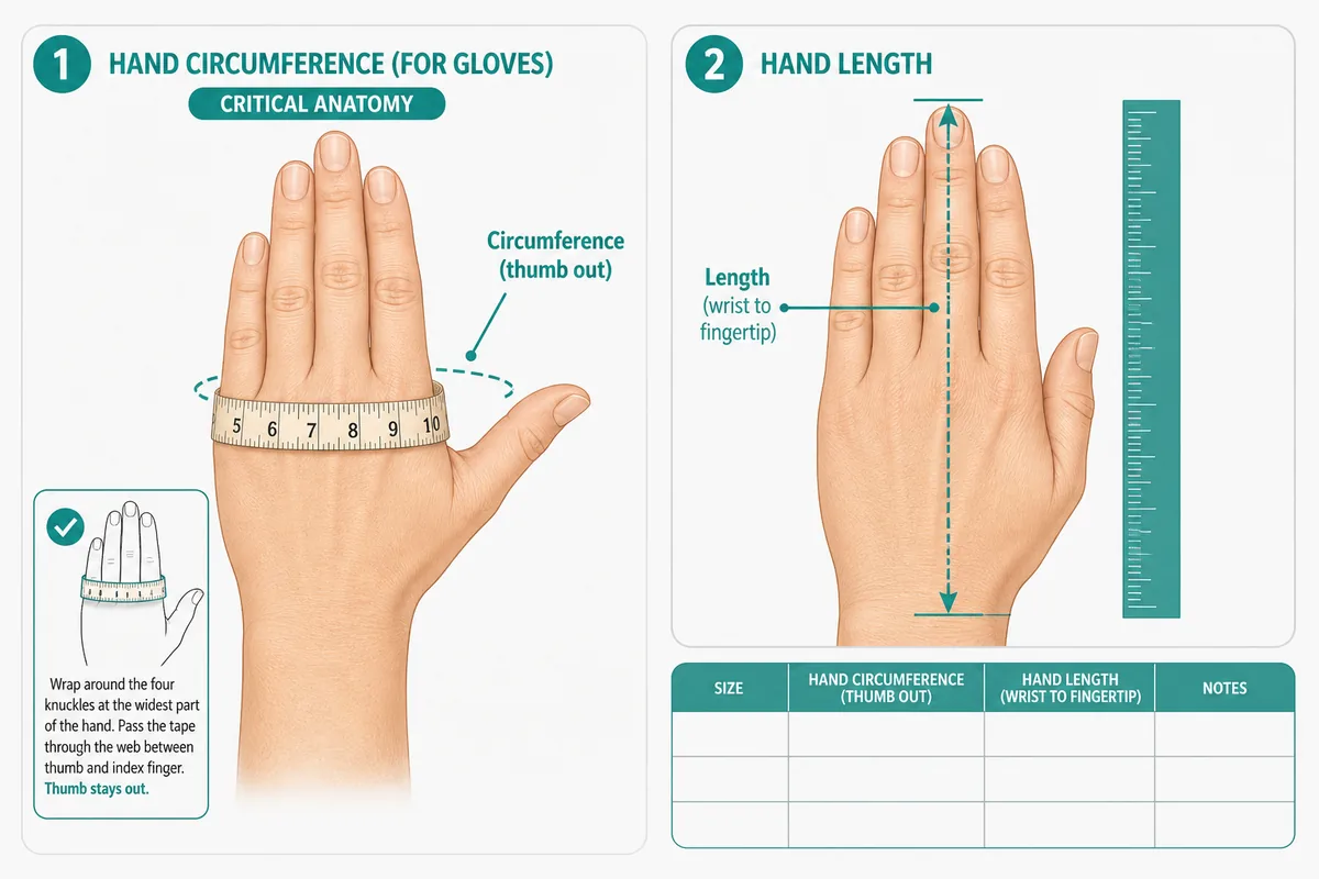Hand size chart: length wrist to fingertip, circumference around knuckles with thumb out