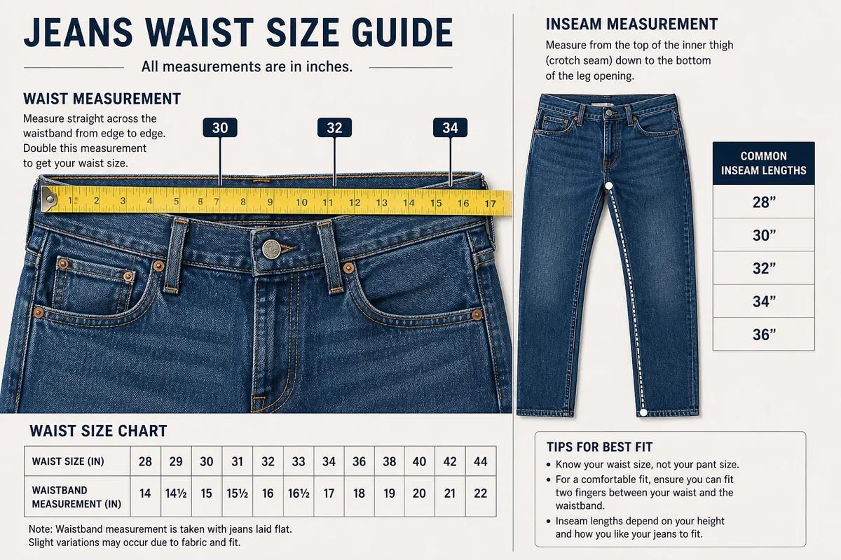 Jeans waist and inseam size chart in inches