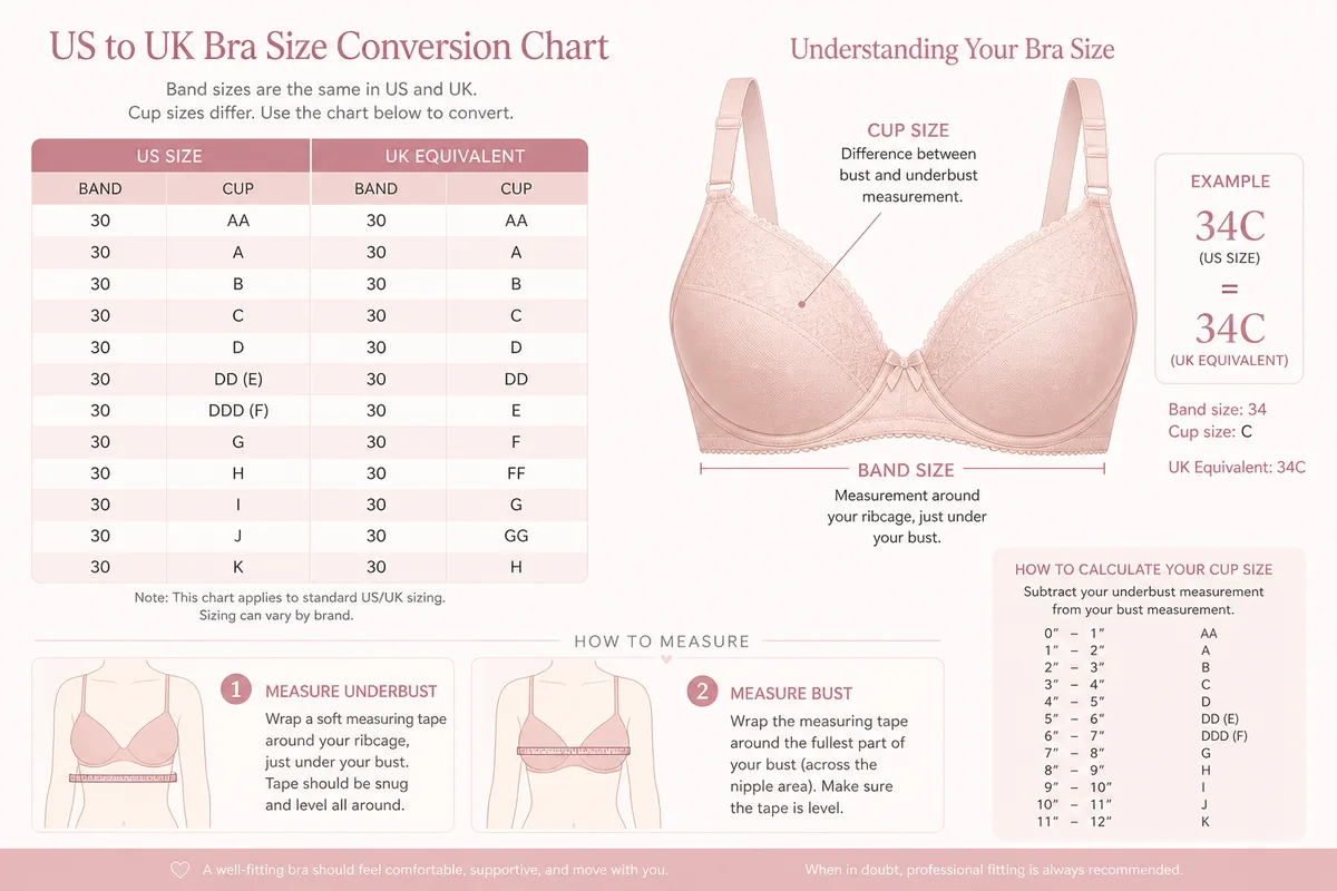 34B bra size fit guide with band and cup measurement diagram