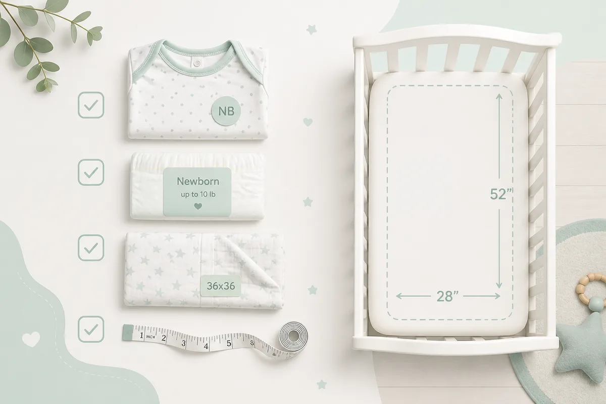 New baby size checklist flat lay with newborn diaper pack, onesie, measuring tape, and crib mattress size cue