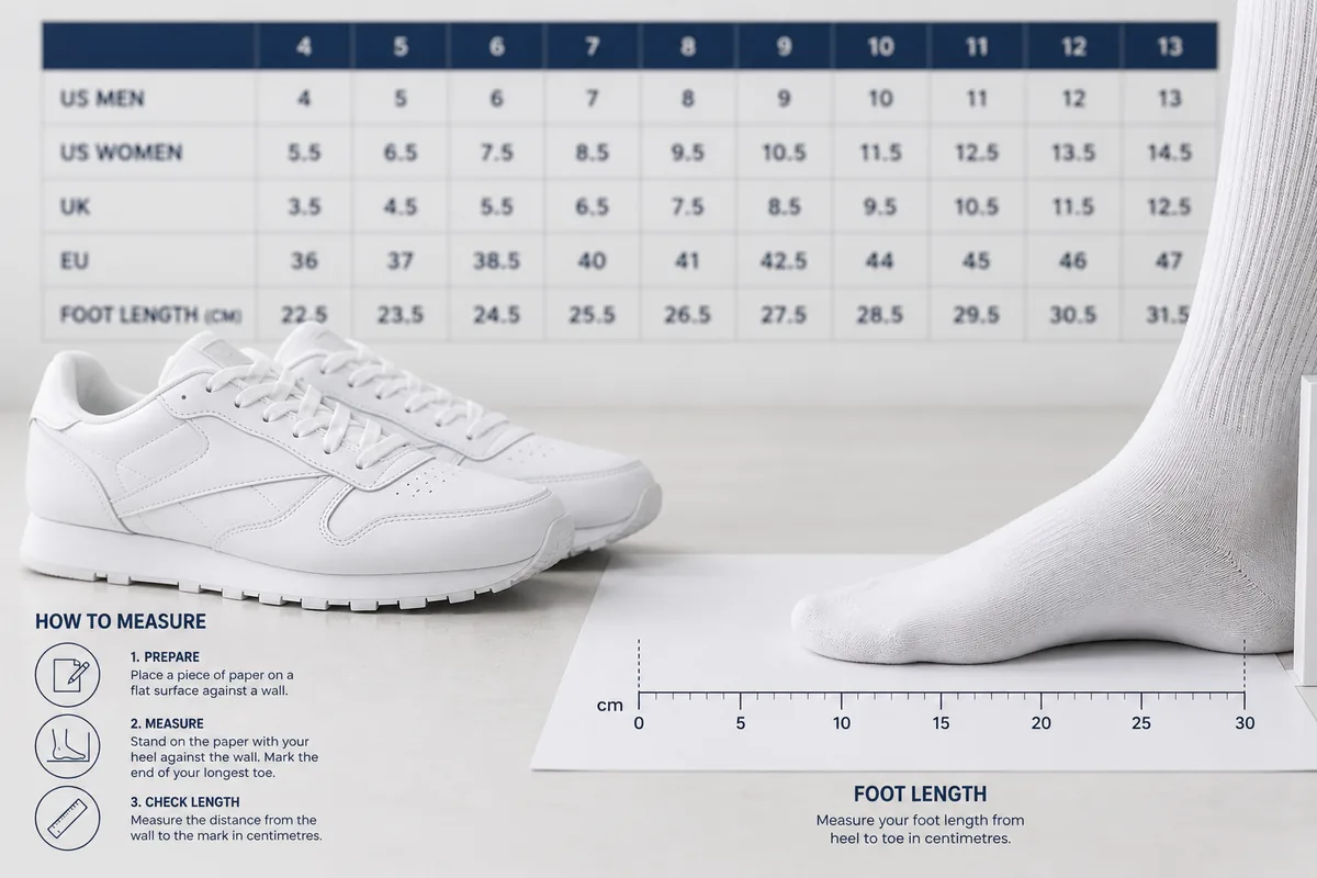 Reebok shoe size chart for Club C and training shoes in US UK EU