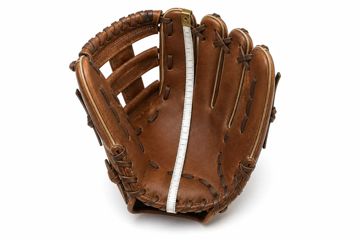 Baseball glove sized in inches with measuring tape along the glove