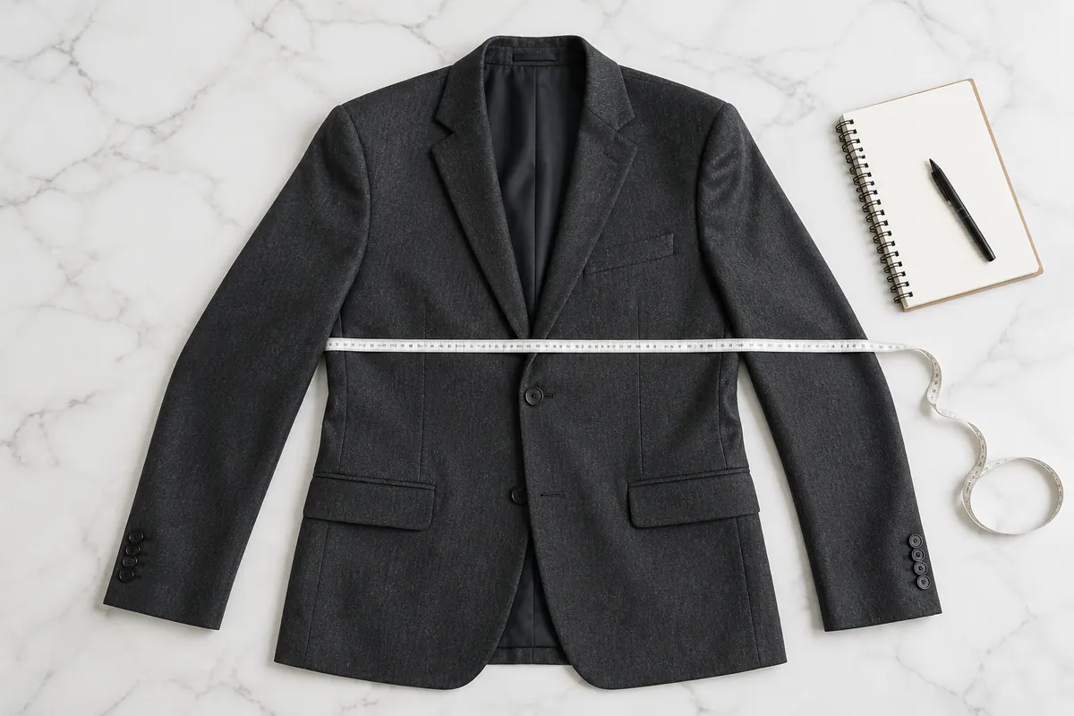 Blazer size chart flat lay with charcoal jacket and measuring tape for chest or bust