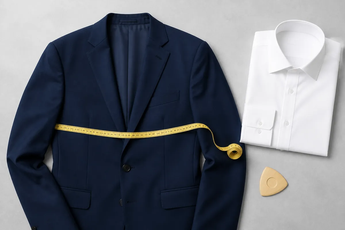 Men's suit size chart flat lay with navy jacket and measuring tape across the chest