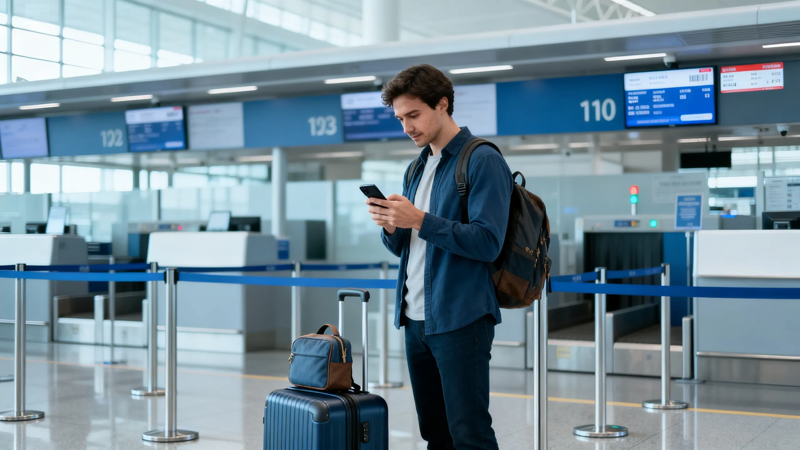 Traveler checking carry-on size before boarding in basic economy context