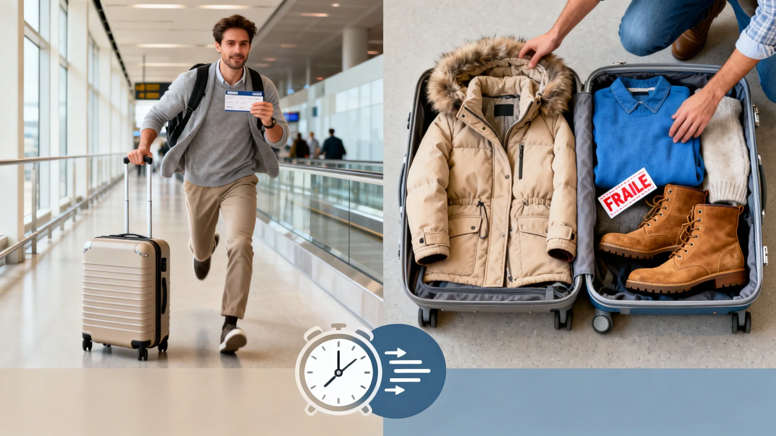 Decision visual comparing carry-on and checked luggage scenarios