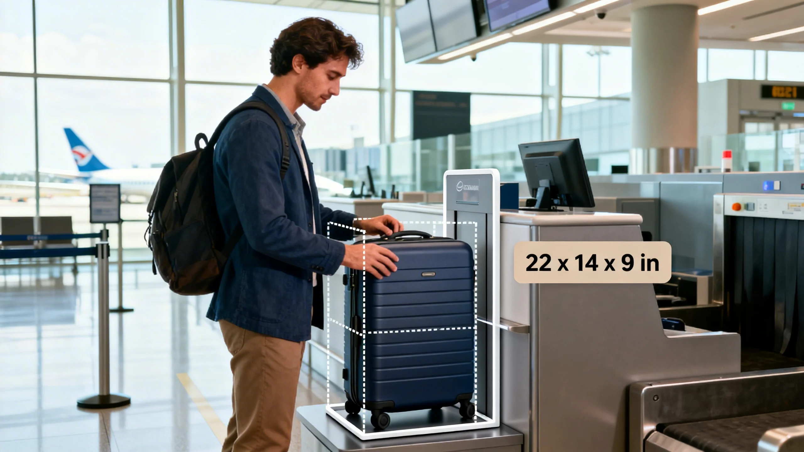 Traveler comparing carry-on luggage with a size checker frame