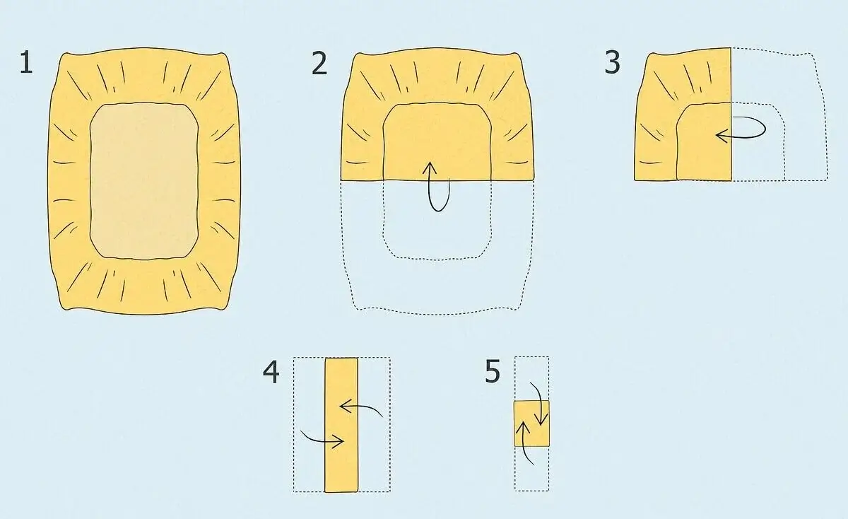 Step-by-step visual guide showing how to fold a fitted sheet with elastic corners using the corner-tucking method for neat, uniform folds
