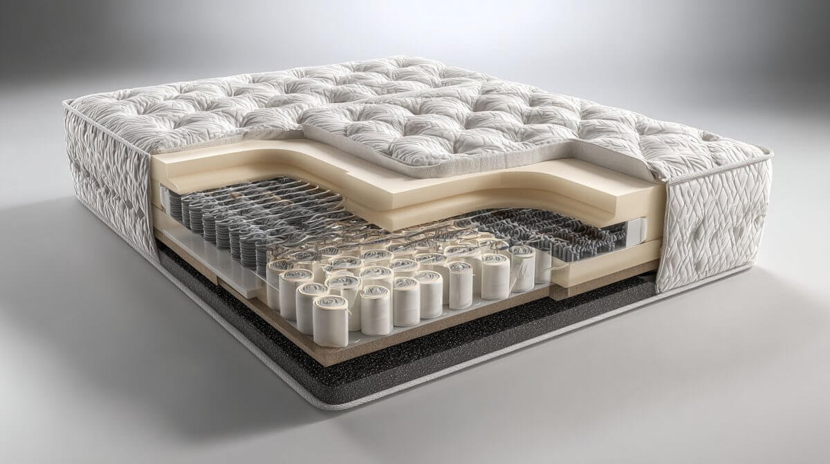 Cross-section cutaway diagram of a hybrid mattress showing foam comfort layers above a pocket coil support core with base padding